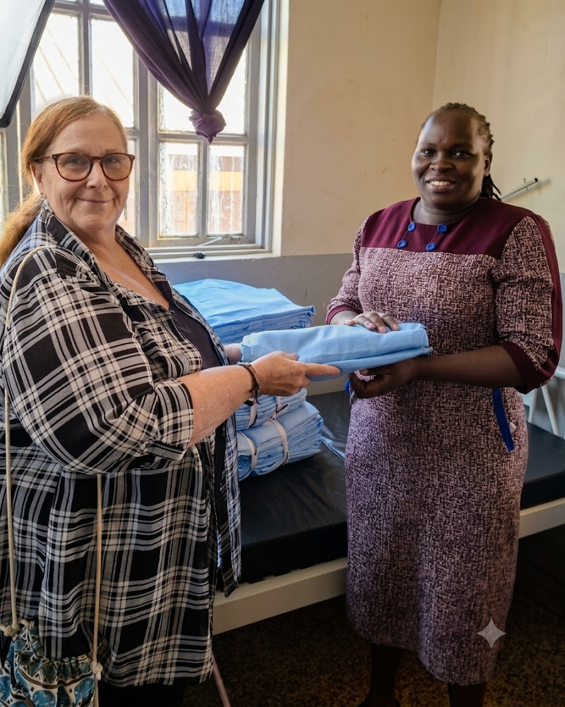 A nurse arranges a mosquito net over a mother and newborn in a Ugandan maternity ward