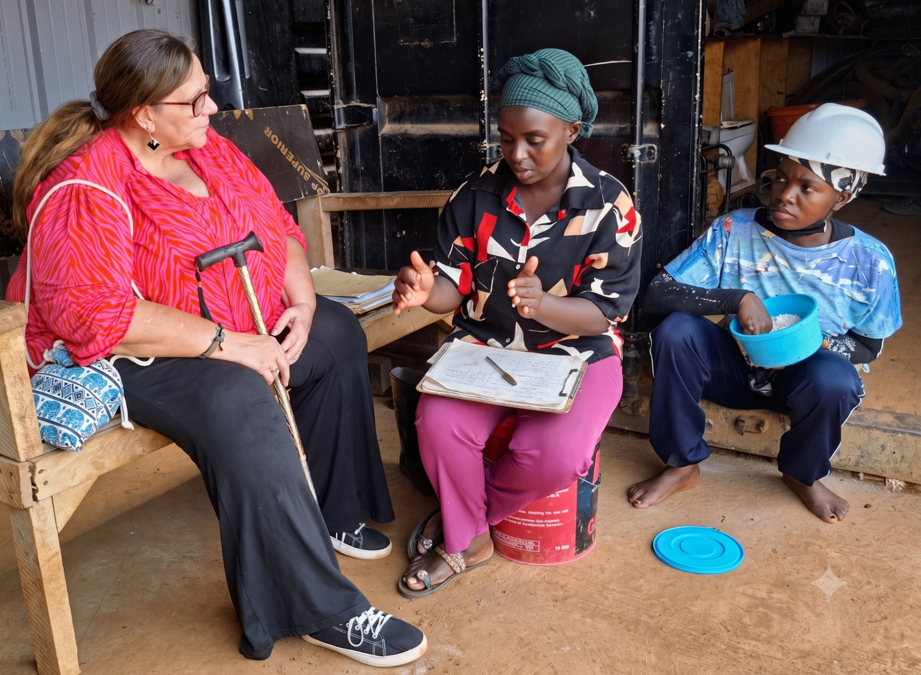 A Burlcore Foundation team member sitting with a worker during a weekly welfare check-in in Busia