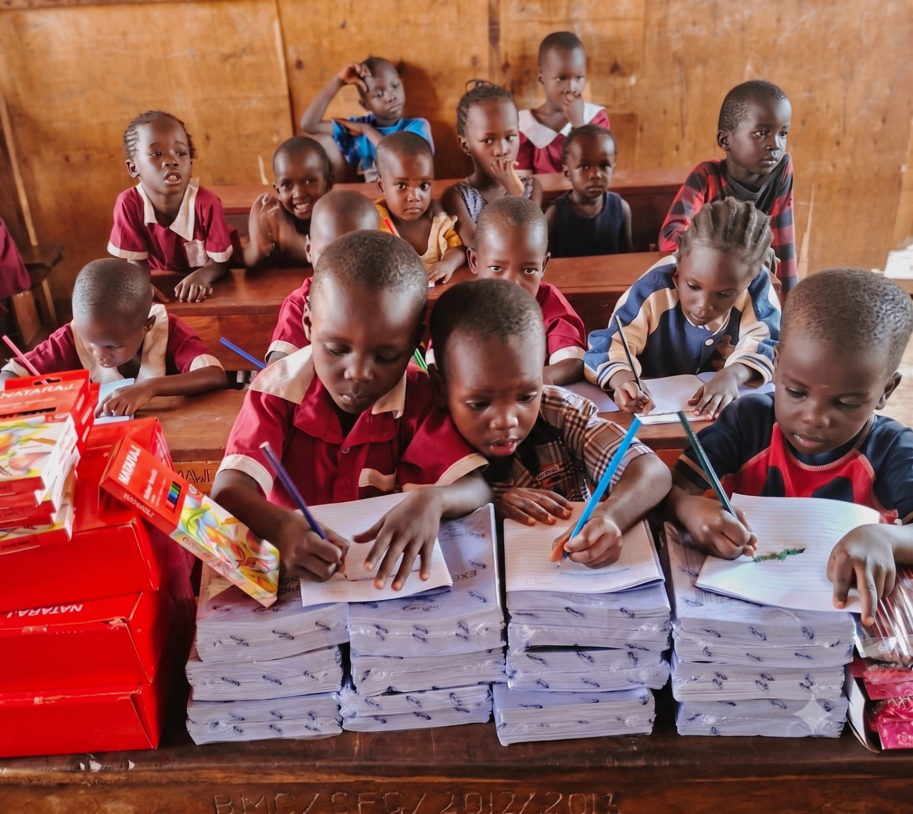 Nursery children in a Ugandan primary school with books and pencils
