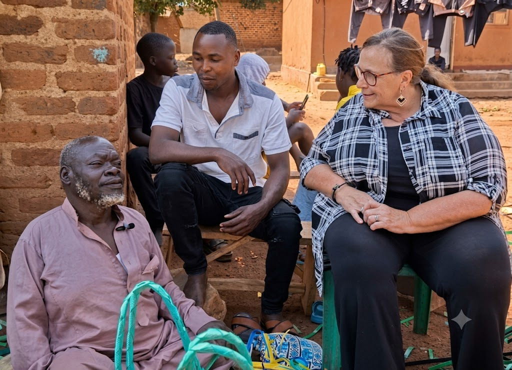 A Burlcore trustee sitting with an elder artisan and community member during a welfare drop-in in Busia