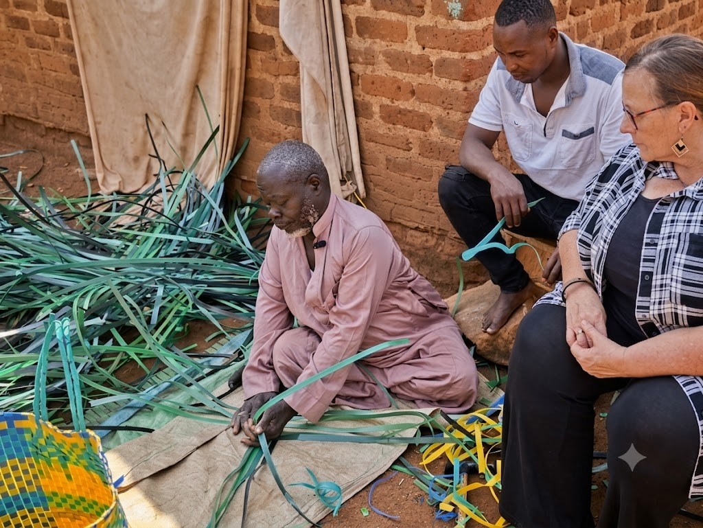 Burlcore Foundation team members sit with Issa at his basket-weaving workspace