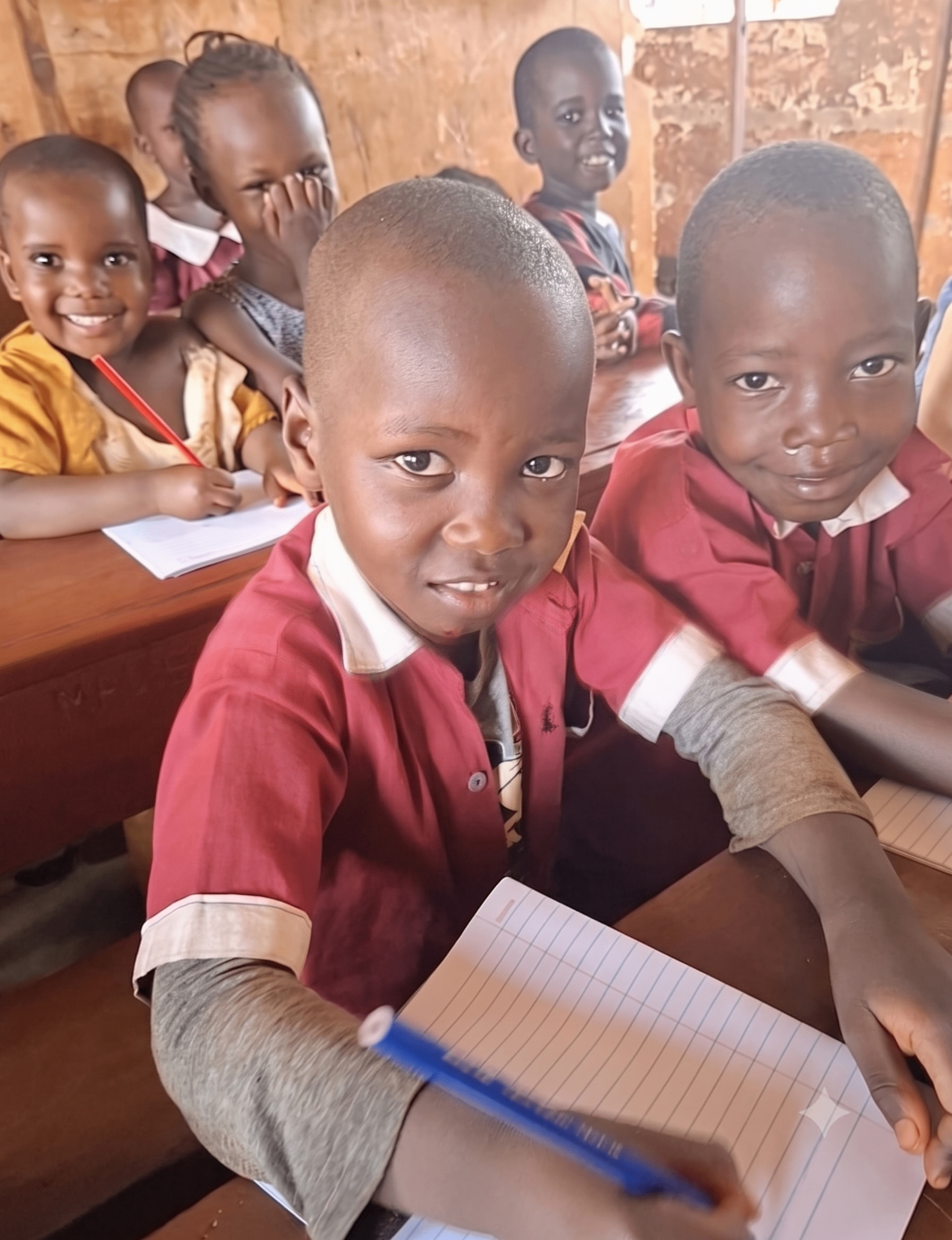 Young pupils in red uniforms writing in their newly delivered notebooks
