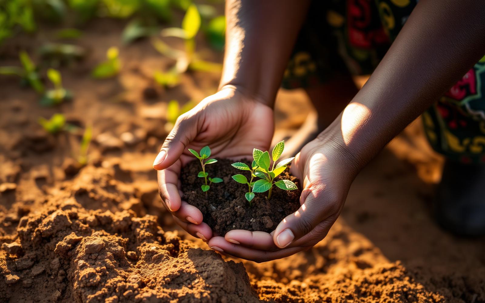 Ugandan hands cradling seedlings and rich soil in golden light