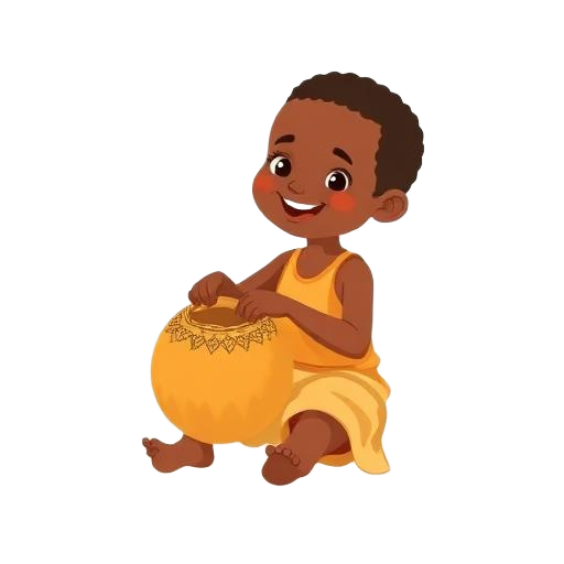 Cartoon Ugandan child weaving a traditional basket