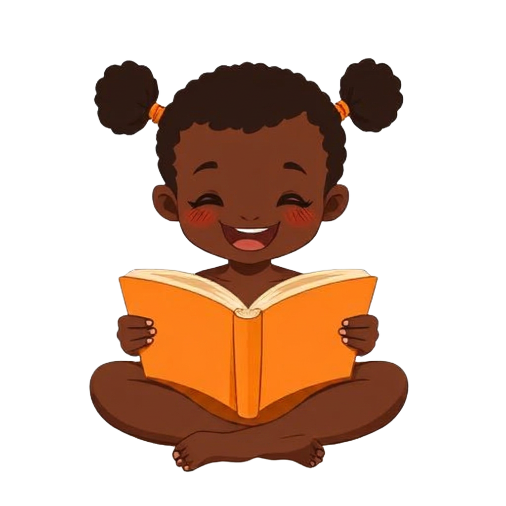 Cartoon Ugandan child reading a book