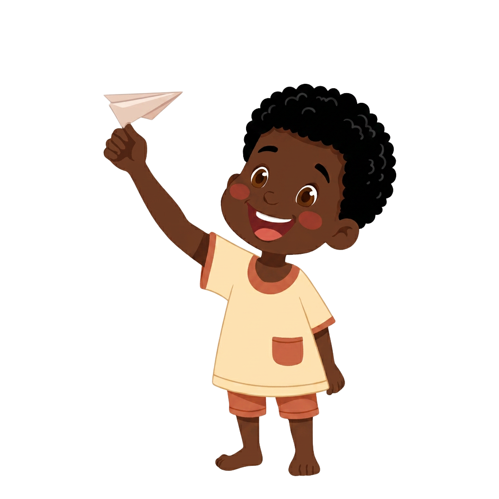Cartoon Ugandan child sending a paper aeroplane