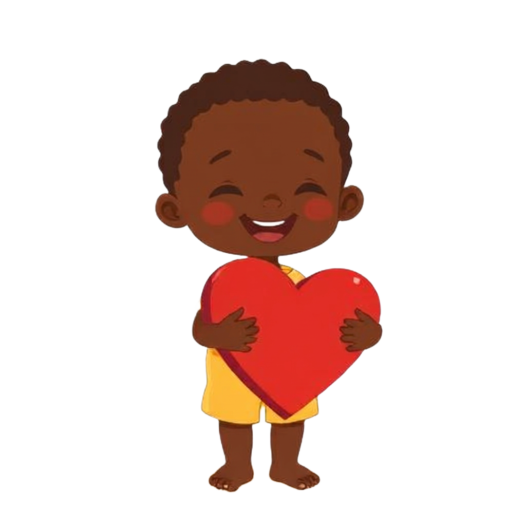 Cartoon Ugandan child holding a heart