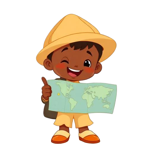 Cartoon Ugandan child exploring a map